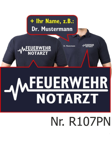 Polo navy, FEUERWEHR - NOTARZT mit EKG-Linie und Namen