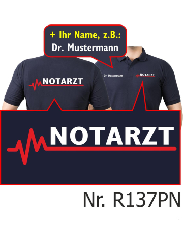 Polo navy, NOTARZT mit roter EKG-Linie und Namen