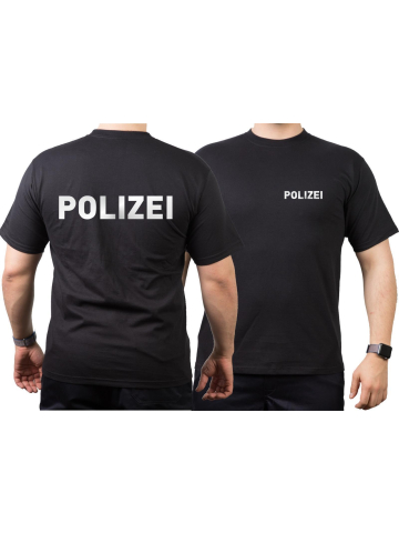 T-Shirt negro, POLIZEI en plata-reflexivo