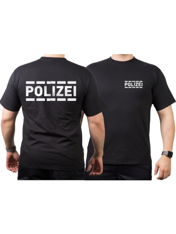 T-Shirt nero, POLIZEI nel argento-riflettente con strisciadesign