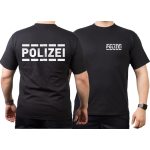 T-Shirt nero, POLIZEI nel argento-riflettente con strisciadesign