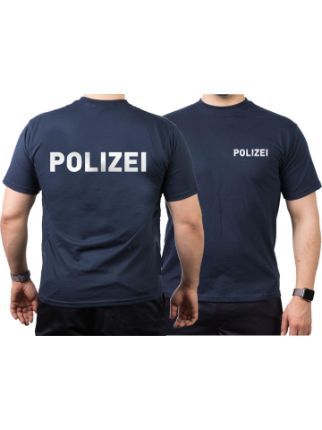 T-Shirt azul marino, POLIZEI en plata-reflexivo