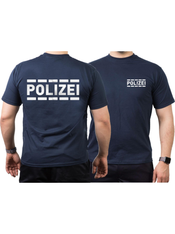 T-Shirt azul marino, POLIZEI en plata-reflexivo con bandadesign