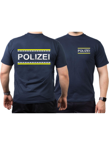 T-Shirt blu navy, POLIZEI argento-riflettente/neongiallo im Fahrzeugdesign