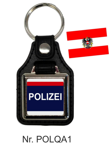 Schlüsselanhänger quadratisch miit Lederunterteil POLIZEI Österreich  grau/rot/blau (AT)