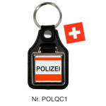 Schlüsselanhänger quadratisch miit Lederunterteil POLIZEI Schweiz rot/weiss/schwarz