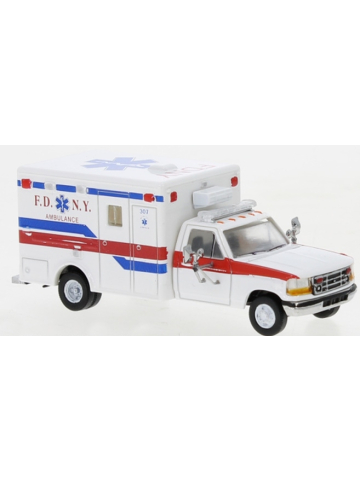 Modell 1:87 Ford F-350 Horton Ambulance, FDNY,white with red/blue stripes (1997) (US)
