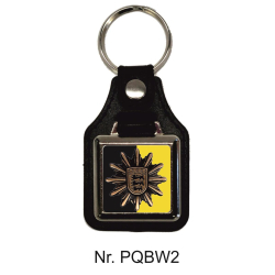 Schlüsselanhänger quadratisch miit Lederunterteil POLIZEI BaWü mit Landesfarben, Stern altgold