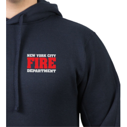 Hoodie azul marino, Fire Dept. New York City con farbigem Brustlogo y Outline-fuente auf Rücken