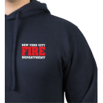 Hoodie azul marino, Fire Dept. New York City con farbigem Brustlogo y Outline-fuente auf Rücken