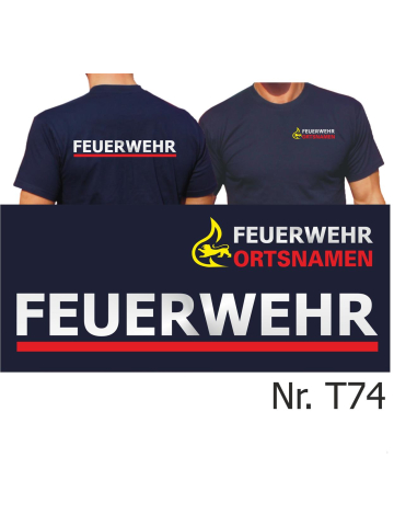 T-Shirt navy Feuerwehr BaWü Stauferlöwe+Ortsname, RS: FEUERWEHR silber + roter Streifen