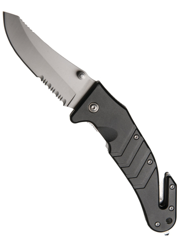 Rettungsmesser schwarz, mit Körner, Gurtschneider, Öse, Gürtelclip, Klingenlänge: 8 cm, Gesamt: 20,7 cm