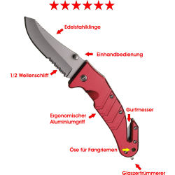 Rettungsmesser rot, mit K&ouml;rner, Gurtschneider,...