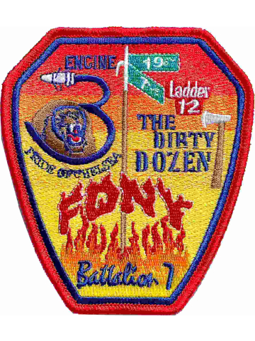 Abzeichen: Fire Dept.City of New York, "THE DIRTY DOZEN" Eng-3/Lad-12/Batt-7,  10,7 x 9,5 (100 % bestickt)