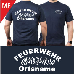 Camiseta azul marino con fuente tipo "MF"