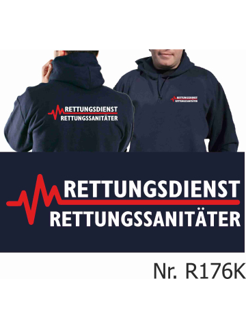 Hoodie navy, RETTUNGSDIENST - RETTUNGSSANITÄTER mit roter EKG-Linie S
