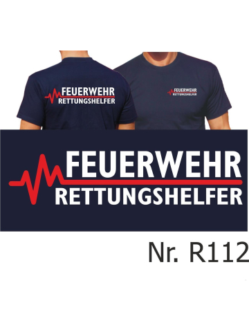 T-Shirt navy, FEUERWEHR - RETTUNGSHELFER mit roter EKG-Linie L
