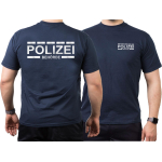 T-Shirt blu navy, POLIZEIBEHÖRDE nel argento-riflettente con strisciadesign