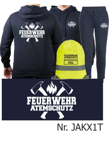Hoodie-Tuta da jogging blu navy, FEUERWEHR ATEMSCHUTZ nel bianco con Aufbewahrungsrucksack