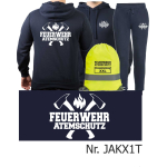 Hoodie-Tuta da jogging blu navy, FEUERWEHR ATEMSCHUTZ nel bianco con Aufbewahrungsrucksack