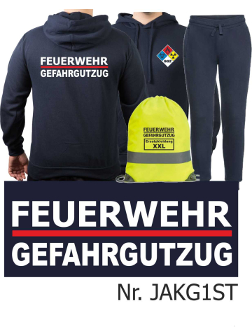Hoodie-Jogginganzug navy, FEUERWEHR GEFAHRGUTZUG (GGS) mit Gefahrdiamant mit Aufbewahrungsrucksack