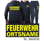 Hoodie-Jogginganzug navy, FEUERWEHR ORTSNAME neongelb