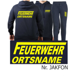Hoodie-Jogginganzug navy, FEUERWEHR ORTSNAME mit langem "F" neongelb