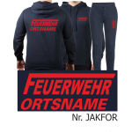 Hoodie-Jogginganzug navy, FEUERWEHR ORTSNAME mit langem "F" rot