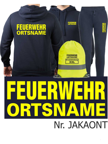 Hoodie-Jogginganzug navy, FEUERWEHR ORTSNAME neongelb + Rucksack