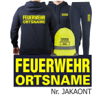 Hoodie-Jogginganzug navy, FEUERWEHR ORTSNAME neongelb + Rucksack