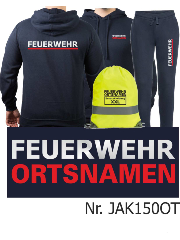 Hoodie-Jogginganzug navy, FEUERWEHR silber mit rotem  Ortsnamen + Rucksack