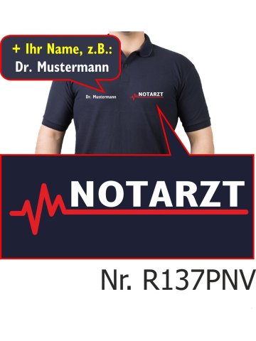 Polo navy, NOTARZT mit roter EKG-Linie und Name auf Brust