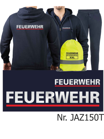 Chaqueta con capucha-Vestimenta para correr azul marino, FEUERWEHR ATEMSCHUTZ con largo "F" en rojo con Aufbewahrungsrucksack