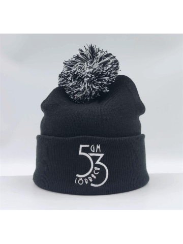 Pudelmütze schwarz mit schwarz-weissem Bommel aus Acryl, gesticktes Logo: GM53 - LÖRRACH