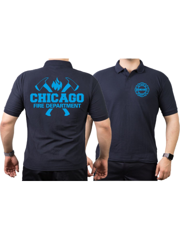 CHICAGO FIRE Dept. axes and flames blue, navy Polo
