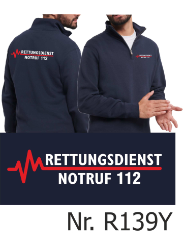 Troyer (Quarter Zip Sweat) navy, Rettungsdienst - Notruf 112  mit roter EKG-Linie