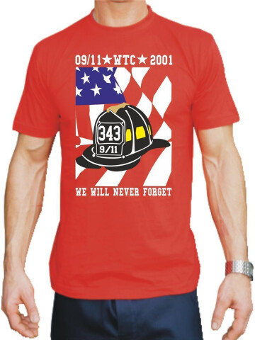 T-Shirt rojo, New York City Fire Dept. 9-11 We Will Never Forget, XL