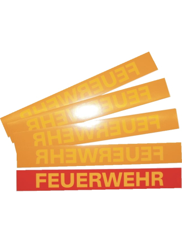 Aufkleber "FEUERWEHR" rot mit gelber Schrift (Hinterglasaufkleber/innen) (21,5 cm x 2,7 cm)