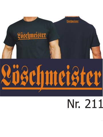 T-Shirt noir, "Löschmeister" dans orange (Brust groß/ Rückdans klein)