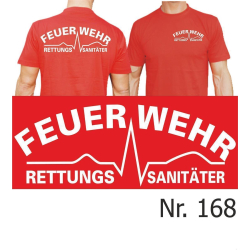 T-Shirt rosso, FEUERWEHR Rettungssanit&auml;ter bianco