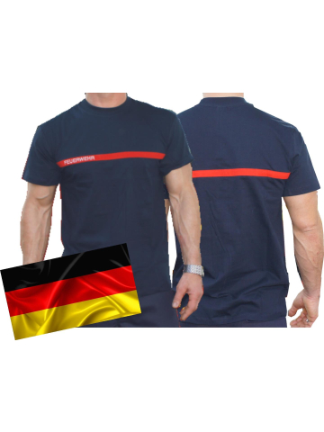 T-Shirt french navy, with red stripe auf Brust and Rücken, FEUERWEHR eingestickt