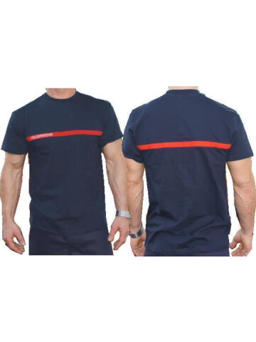 T-Shirt french navy "FEUERWEHR" gestickt auf rotem Streifen L