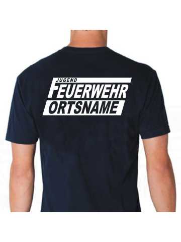 T-Shirt azul marino, fuente "FJN" Jugendfeuerwehr con ponga su nombre