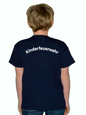 Kinder-T-Shirt blu navy, Rückentext: KINDERFEUERWEHR o.a.