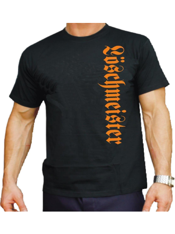 T-Shirt noir, Löschmeister vertikal dans orange, nur Brustdruck