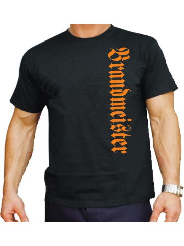 T-Shirt negro, Brandmeister vertikal en orange, nur Brustdruck