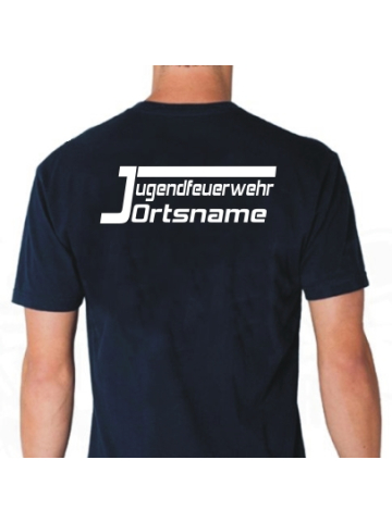 T-Shirt blu navy, font "JO" Jugendfeuerwehr con nome del luogo