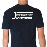 T-Shirt marin, police de caractère "JO" Jugendfeuerwehr avec nom de lieu