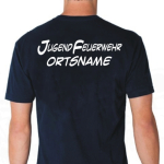 T-Shirt marin, police de caractère "CJ" JugendFeuerwehr avec nom de lieu