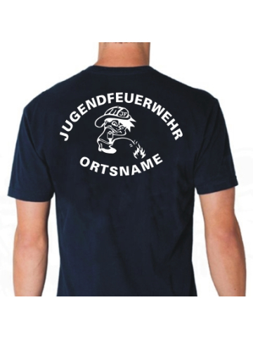 T-Shirt azul marino, fuente "MJ6" Jugendfeuerwehr con ponga su nombre